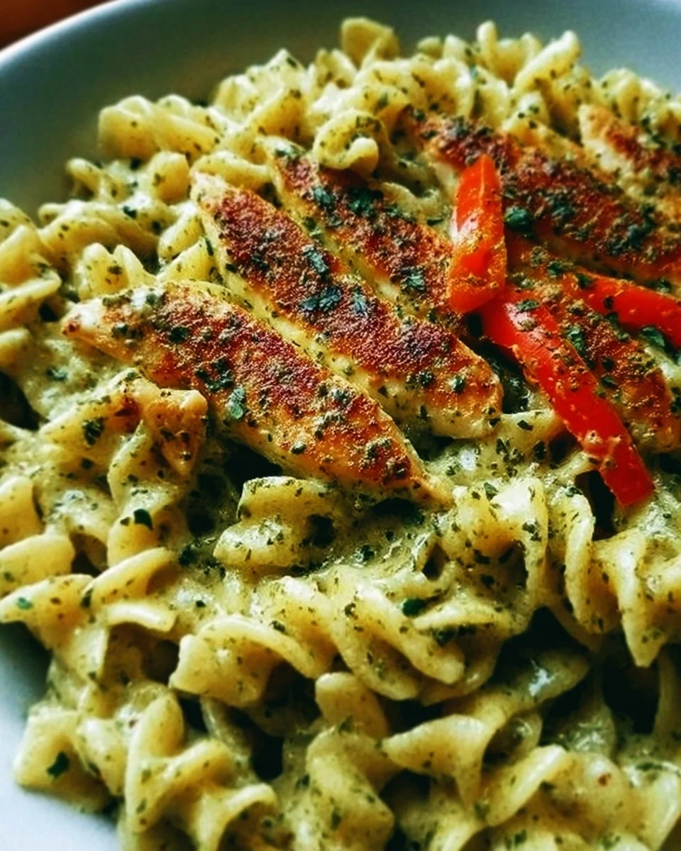 Creamy Pesto Pasta with Bell Peppers 1 Creamy pesto pasta dish with bell peppers on a plate
