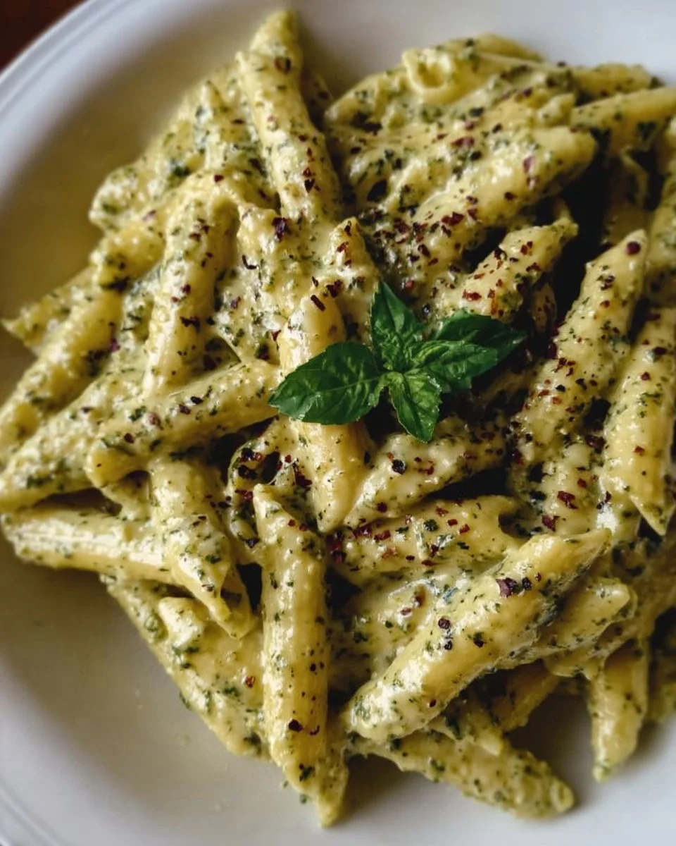 Creamy pesto sauce pasta prepared in a one pot for easy cooking and serving