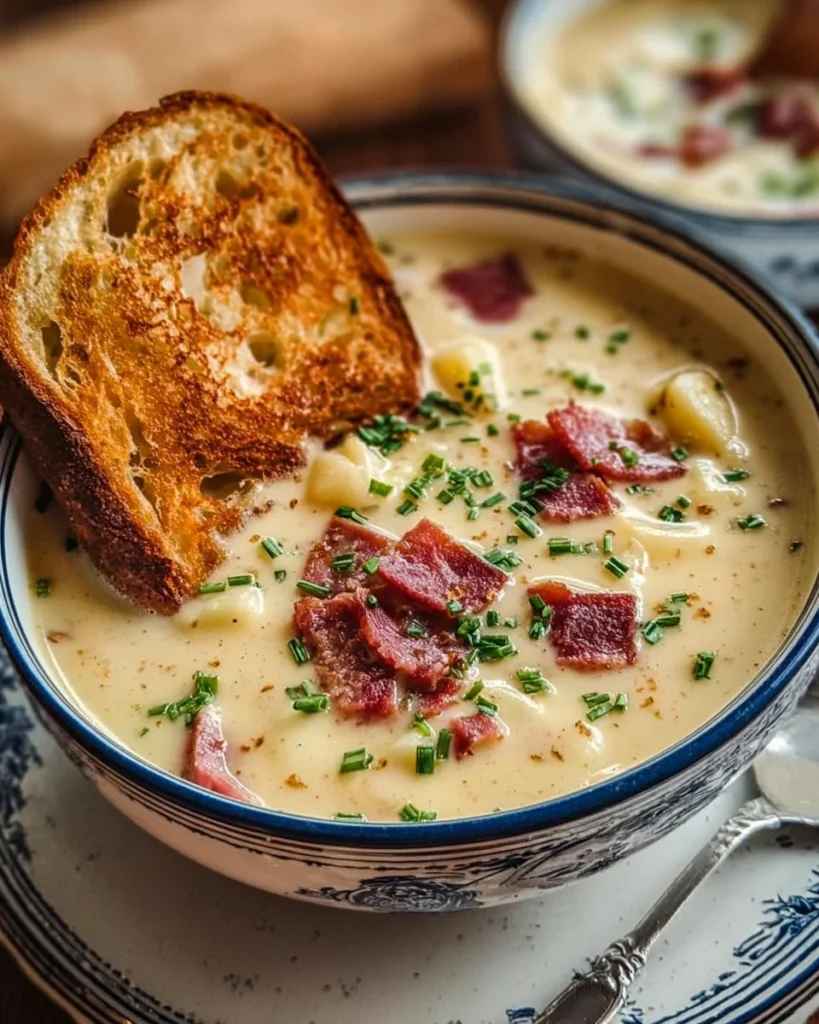 Creamy Reuben soup garnished with herbs in a bowl, showcasing its rich texture.