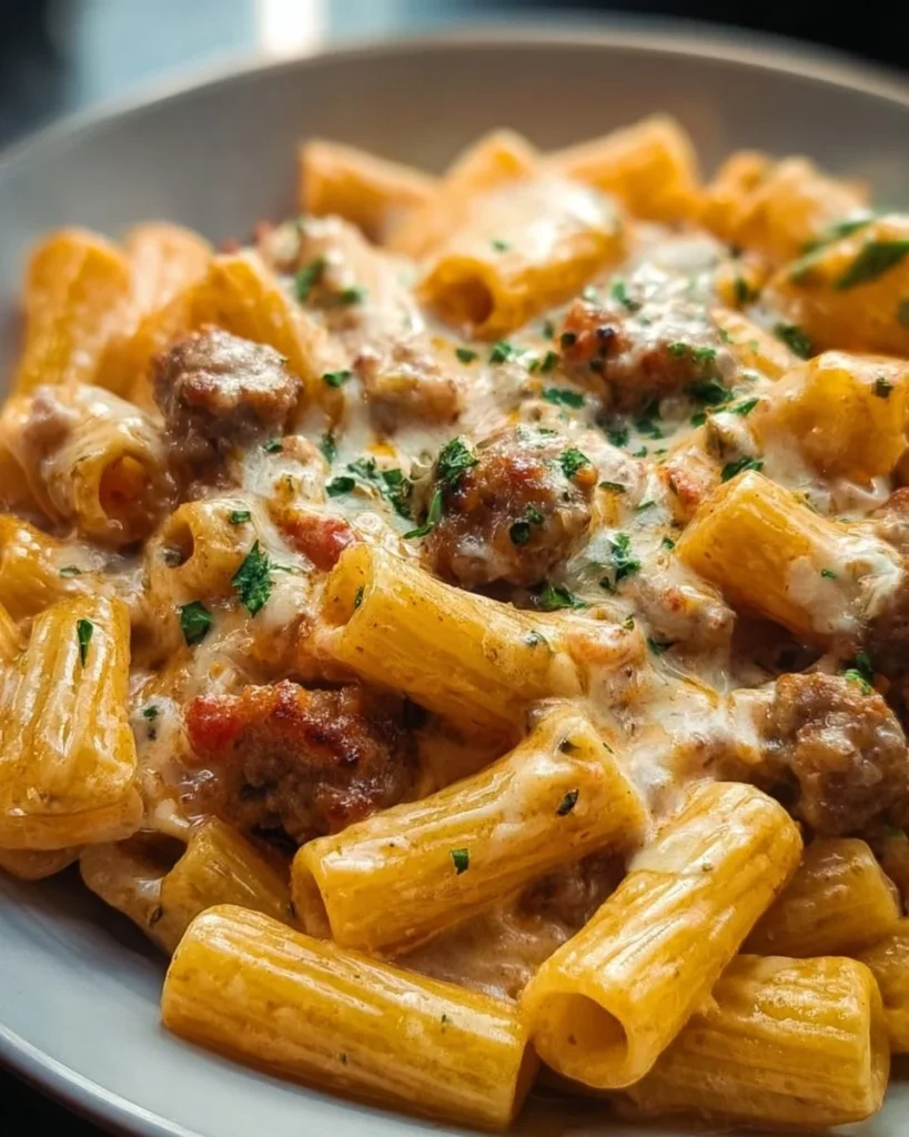Creamy sausage rigatoni pasta dish with herbs and cheese