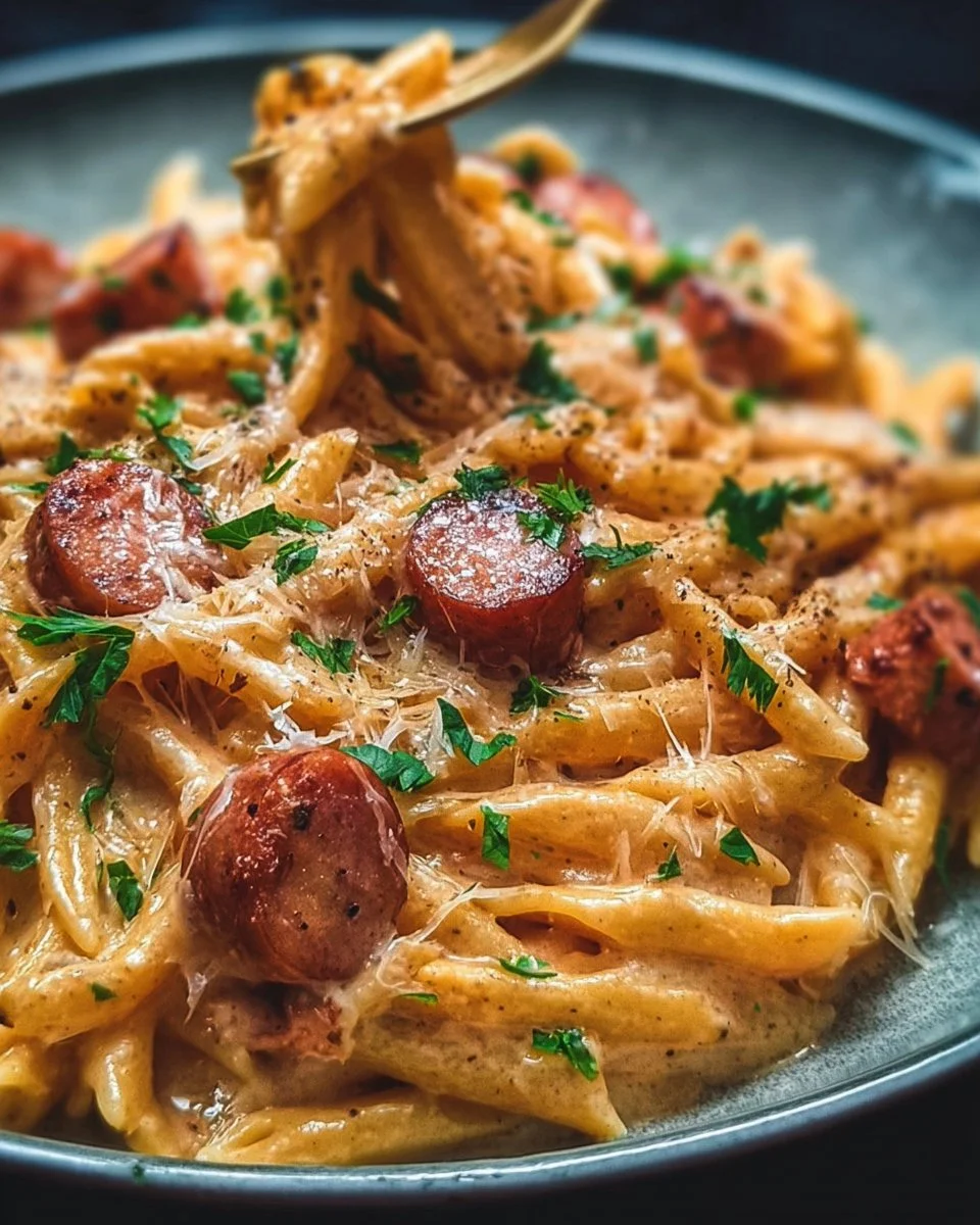 Creamy Smoked Sausage Pasta - A Rich & Flavorful Comfort Dish 1 Creamy smoked sausage pasta served in a bowl with fresh herbs and cheese