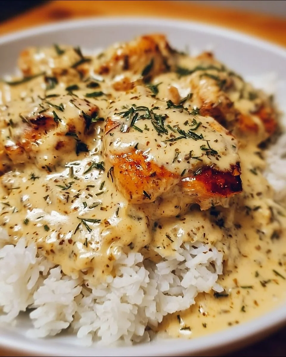 Creamy smothered chicken served with rice on a plate