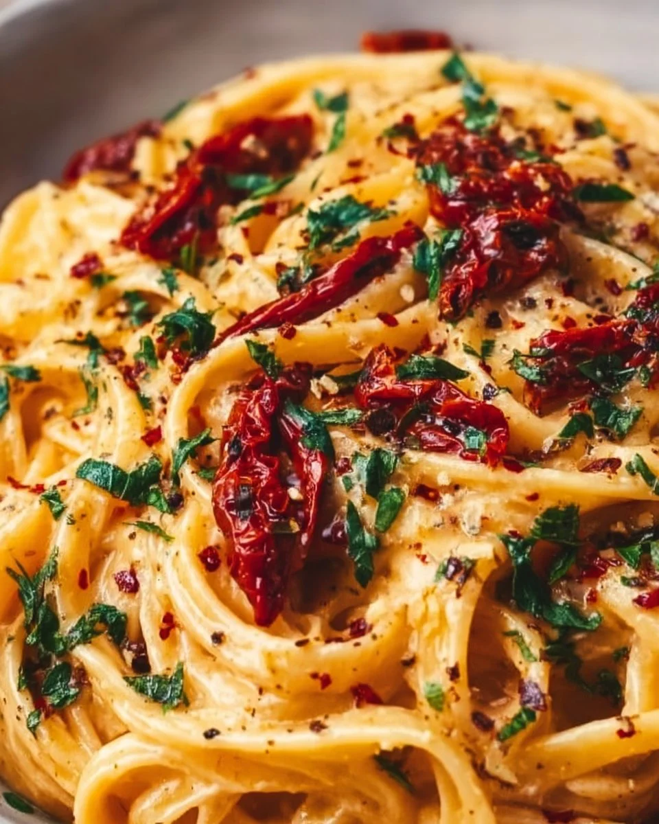 Bowl of creamy sun-dried tomato vegan pasta with fresh basil
