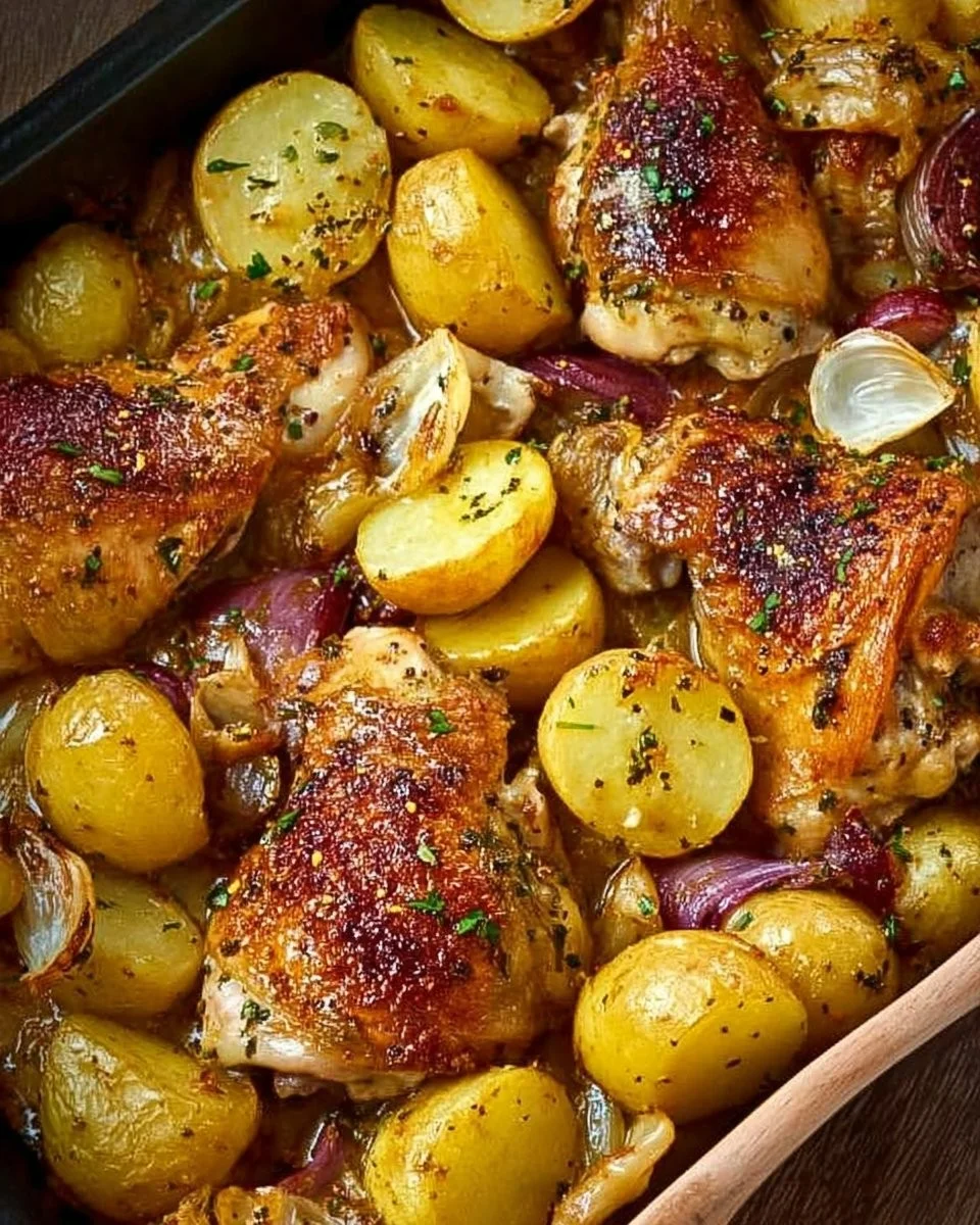 Crisp-tender baked garlic chicken served with golden roasted potatoes.