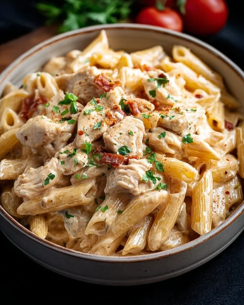 Creamy Cajun chicken pasta in a crock pot, showcasing vibrant colors and ingredients.