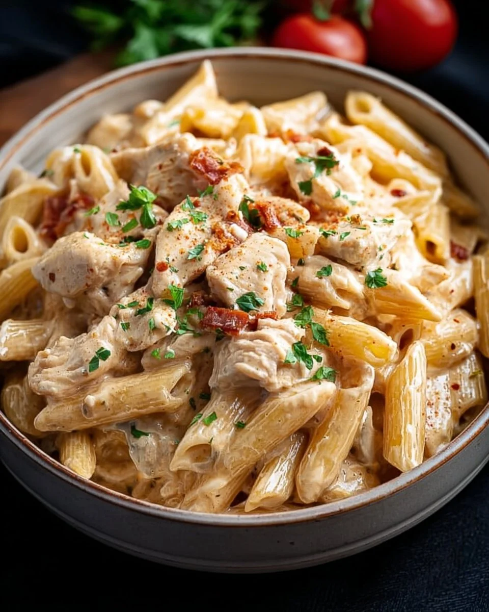 Creamy Cajun chicken pasta in a crock pot, showcasing vibrant colors and ingredients.