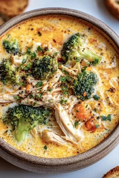 Crockpot Cheesy Chicken Broccoli Soup in a bowl with fresh herbs