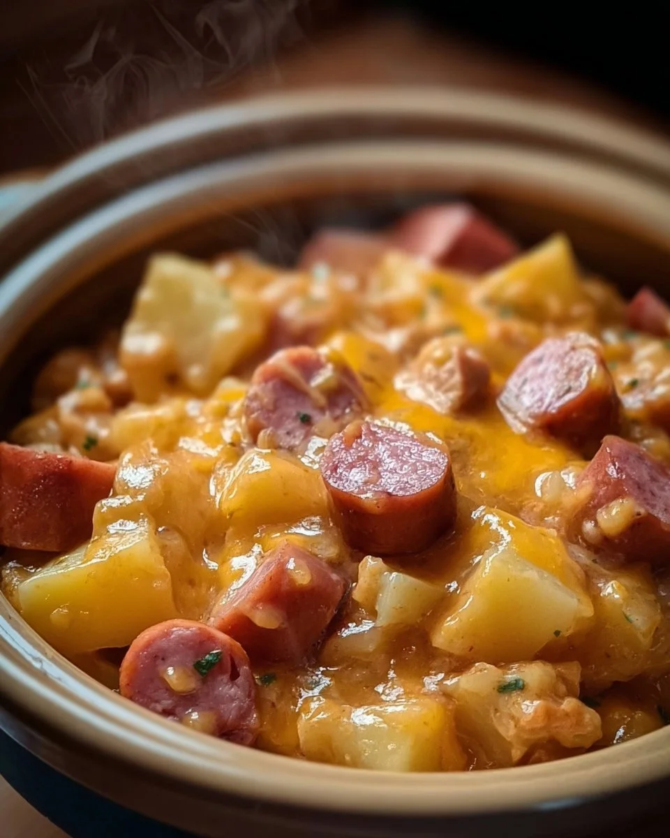 Crockpot Cheesy Potatoes and Kielbasa in a slow cooker