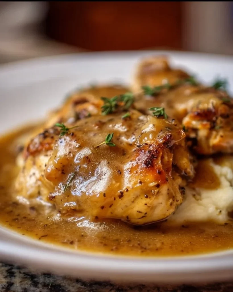 Delicious Crockpot chicken and gravy served over mashed potatoes.