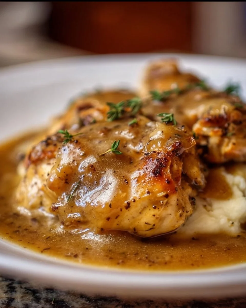 Delicious Crockpot chicken and gravy served over mashed potatoes.