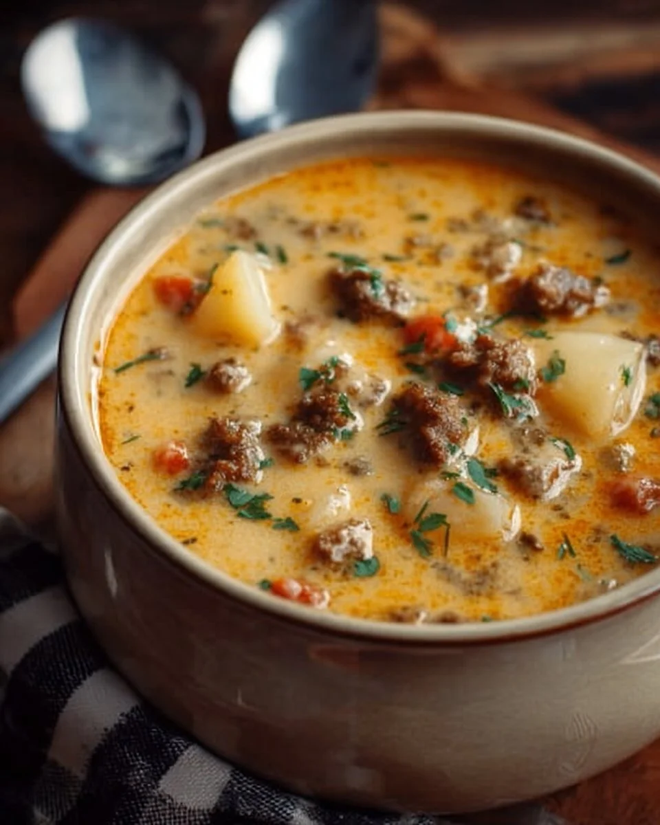 Crockpot creamy potato hamburger soup served in a bowl with toppings.