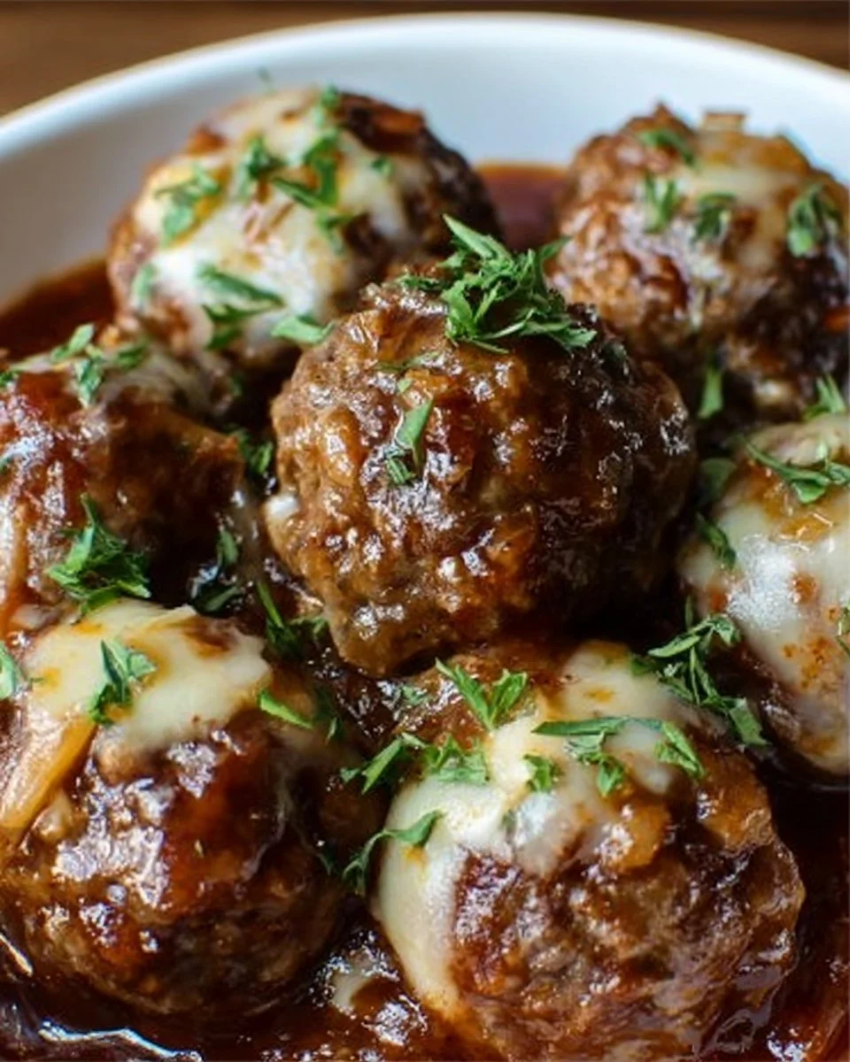 Crockpot French Onion Meatballs served in a rich onion gravy.