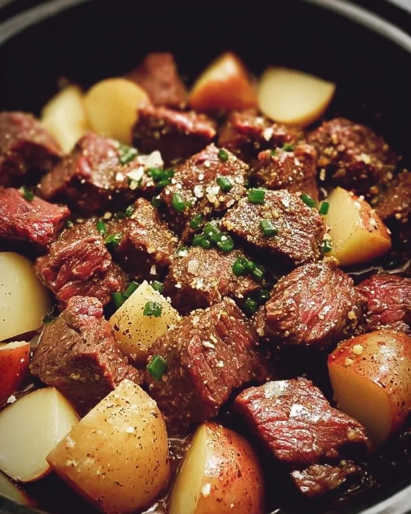 Delicious Crockpot Garlic Butter Beef Bites with Potatoes ready to serve