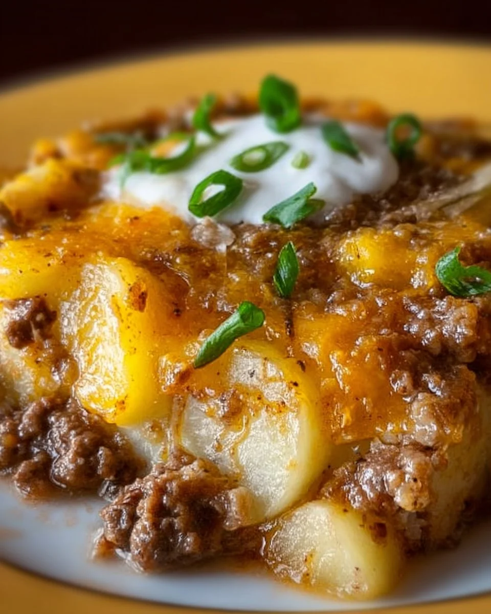 Crockpot hamburger potato casserole with ground beef and potatoes