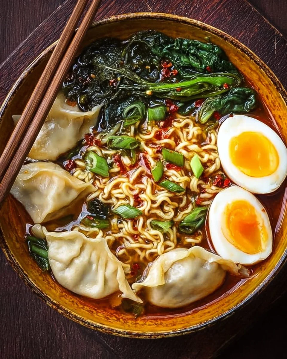 Delicious dumpling ramen bowl with rich broth and savory dumplings