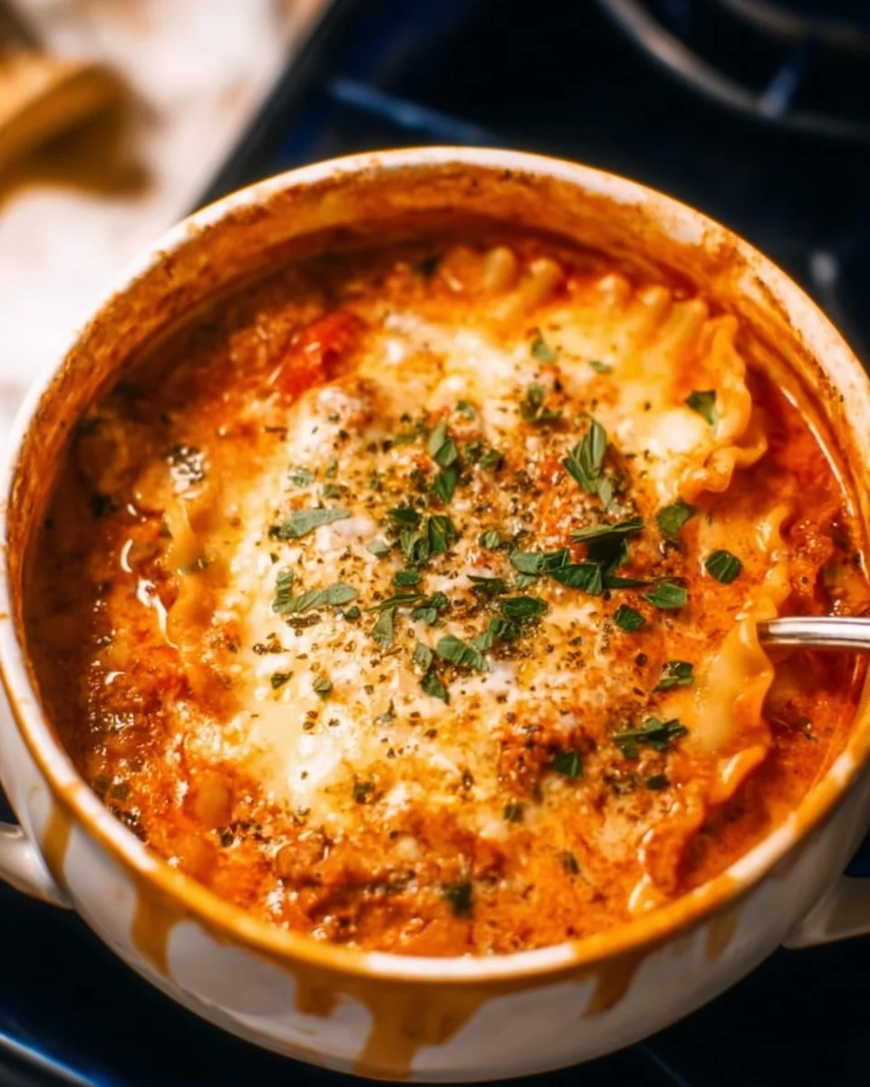 Delicious bowl of Easy Creamy Lasagna Soup topped with cheese and basil.