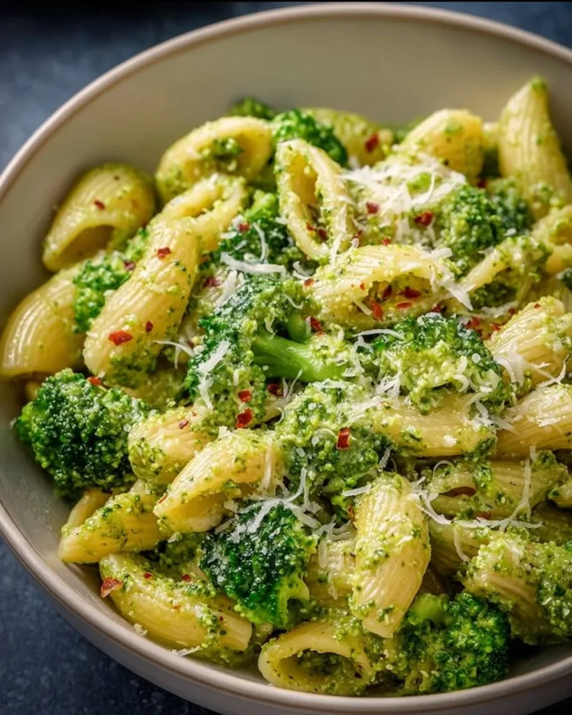 Plate of easy healthy broccoli pasta with vibrant green broccoli florets.