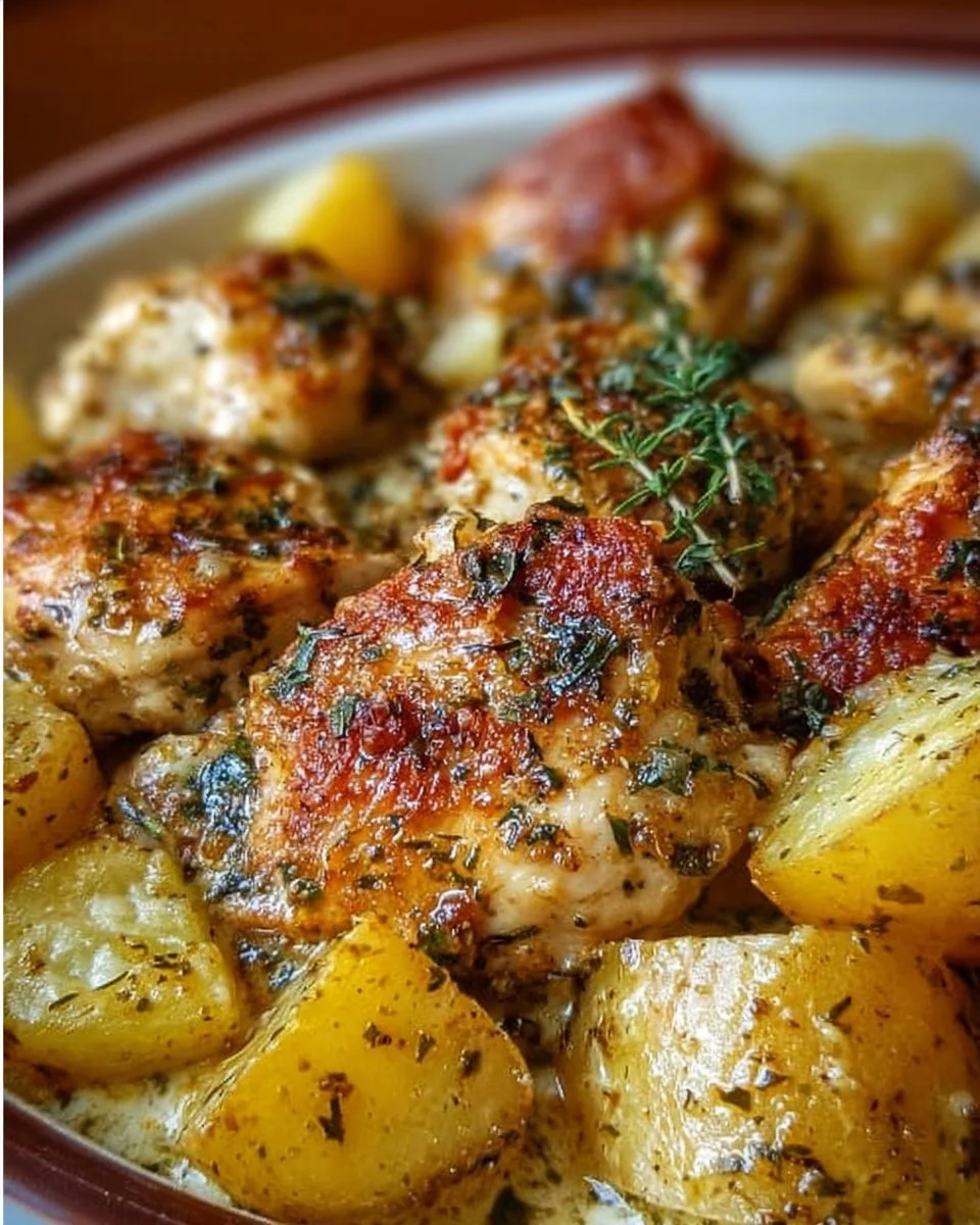 Garlic Parmesan Crockpot Chicken and Potatoes 1 A delicious serving of Garlic Parmesan Chicken with potatoes in a crockpot.