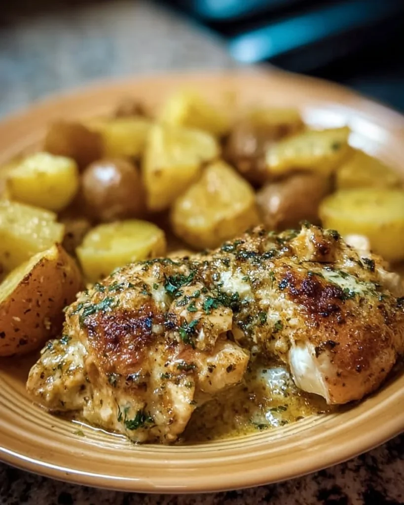 Garlic Parmesan Chicken with potatoes in a crockpot.