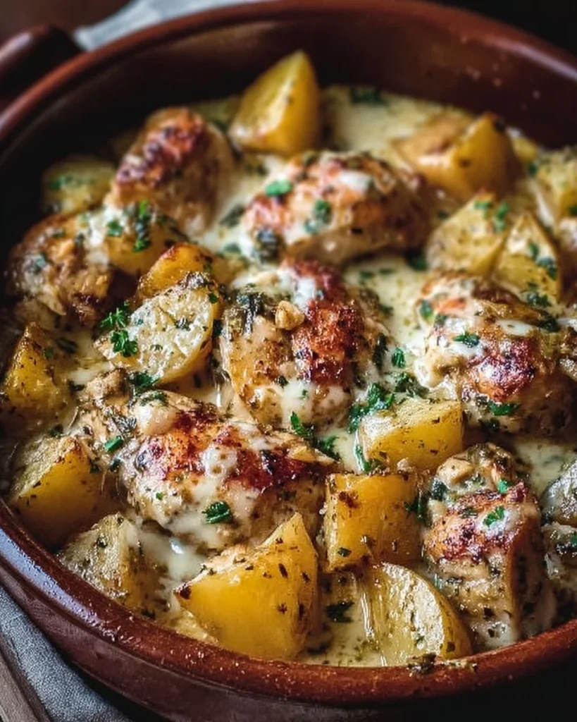 Delicious garlic parmesan crockpot chicken with potatoes in a serving dish