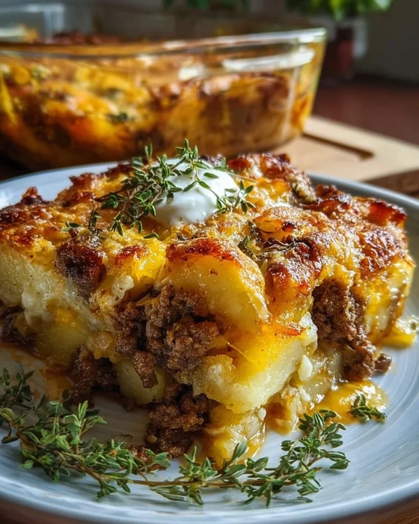 Ground beef and potatoes casserole served hot in a baking dish