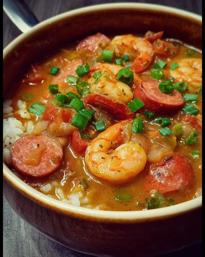 Bowl of delicious gumbo with seafood and sausage garnished with green onions