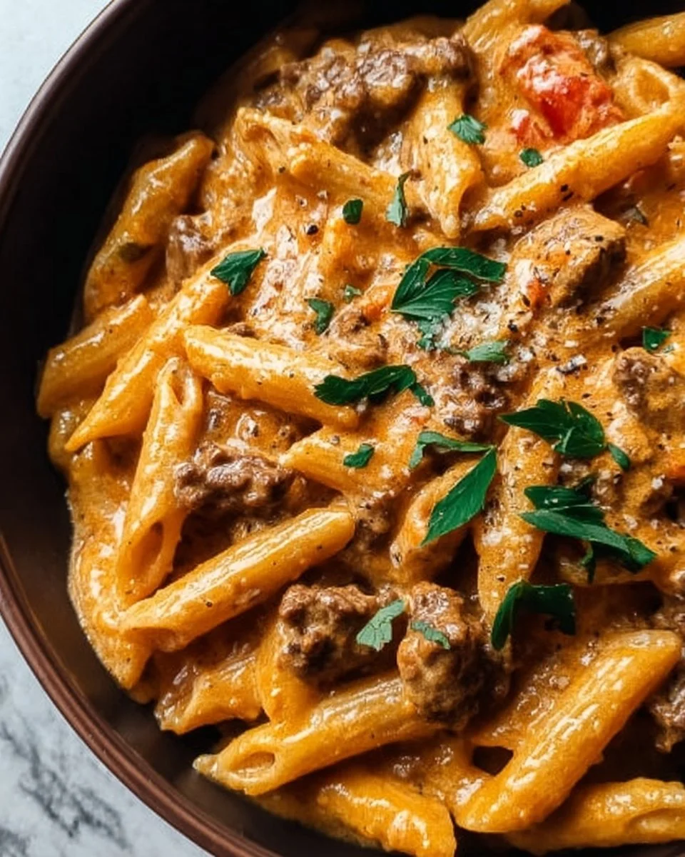 High protein creamy beef pasta dish served in a bowl