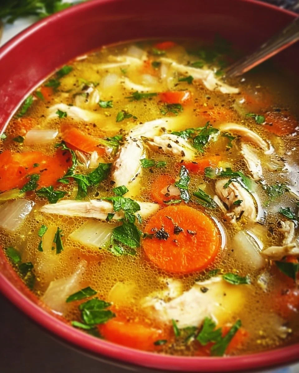 A bowl of homemade chicken soup with vegetables and herbs