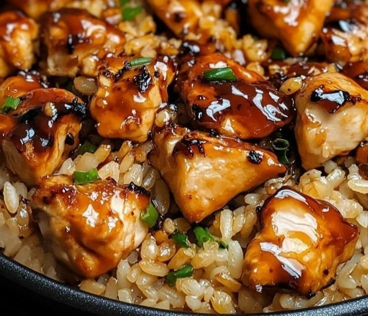 Honey BBQ Chicken Rice 1 Honey BBQ Chicken served on a bed of rice, drizzled with sauce.