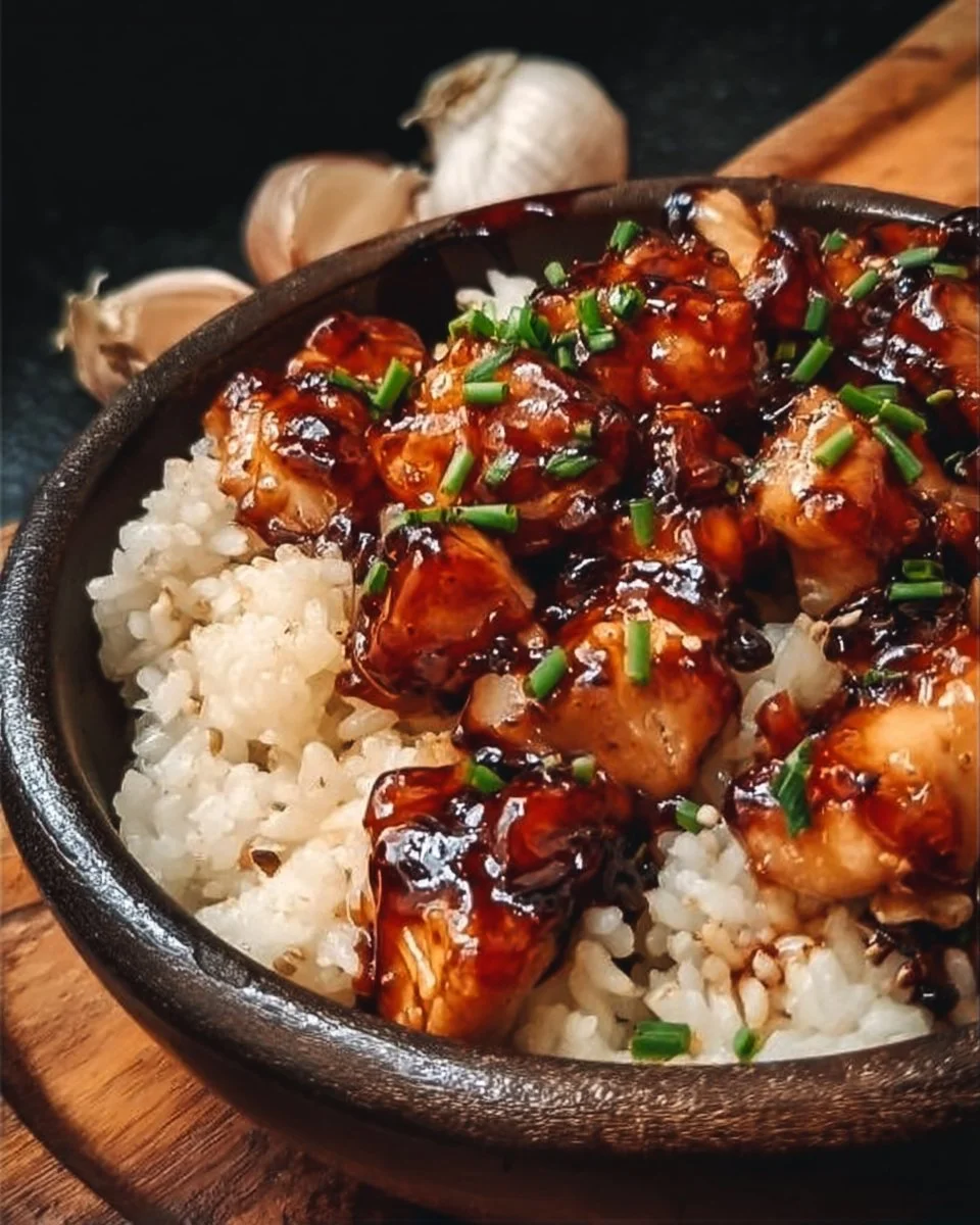 Honey BBQ Chicken Rice 1 Honey BBQ Chicken Rice dish served with fresh ingredients and garnished.