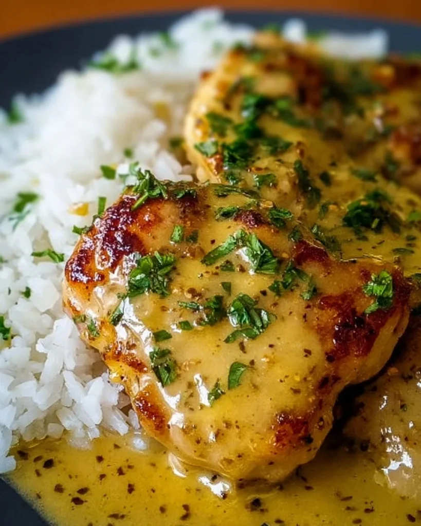 Honey Mustard Chicken served with rice on a plate
