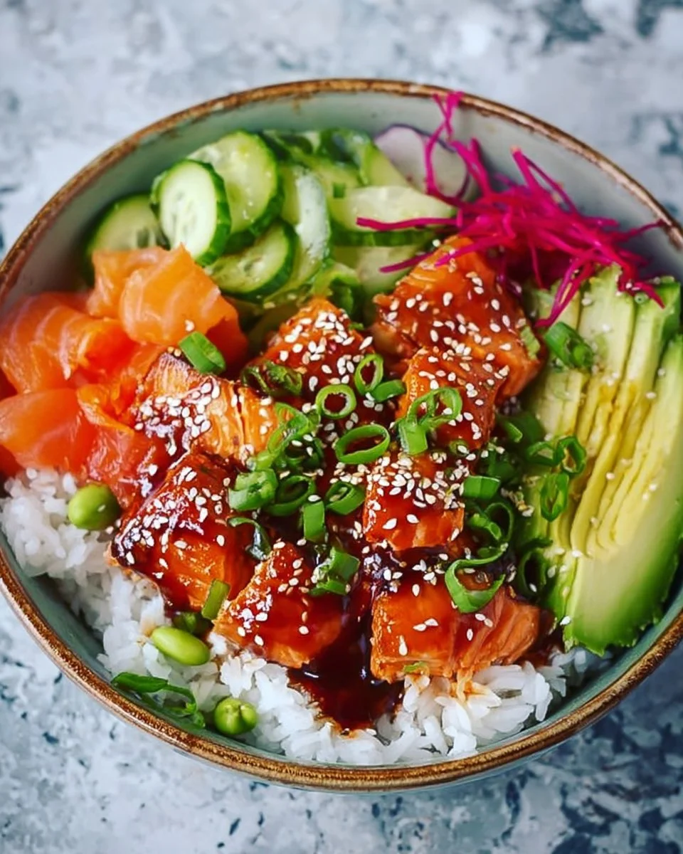 Honey Sriracha Salmon bowl garnished with fresh vegetables and rice