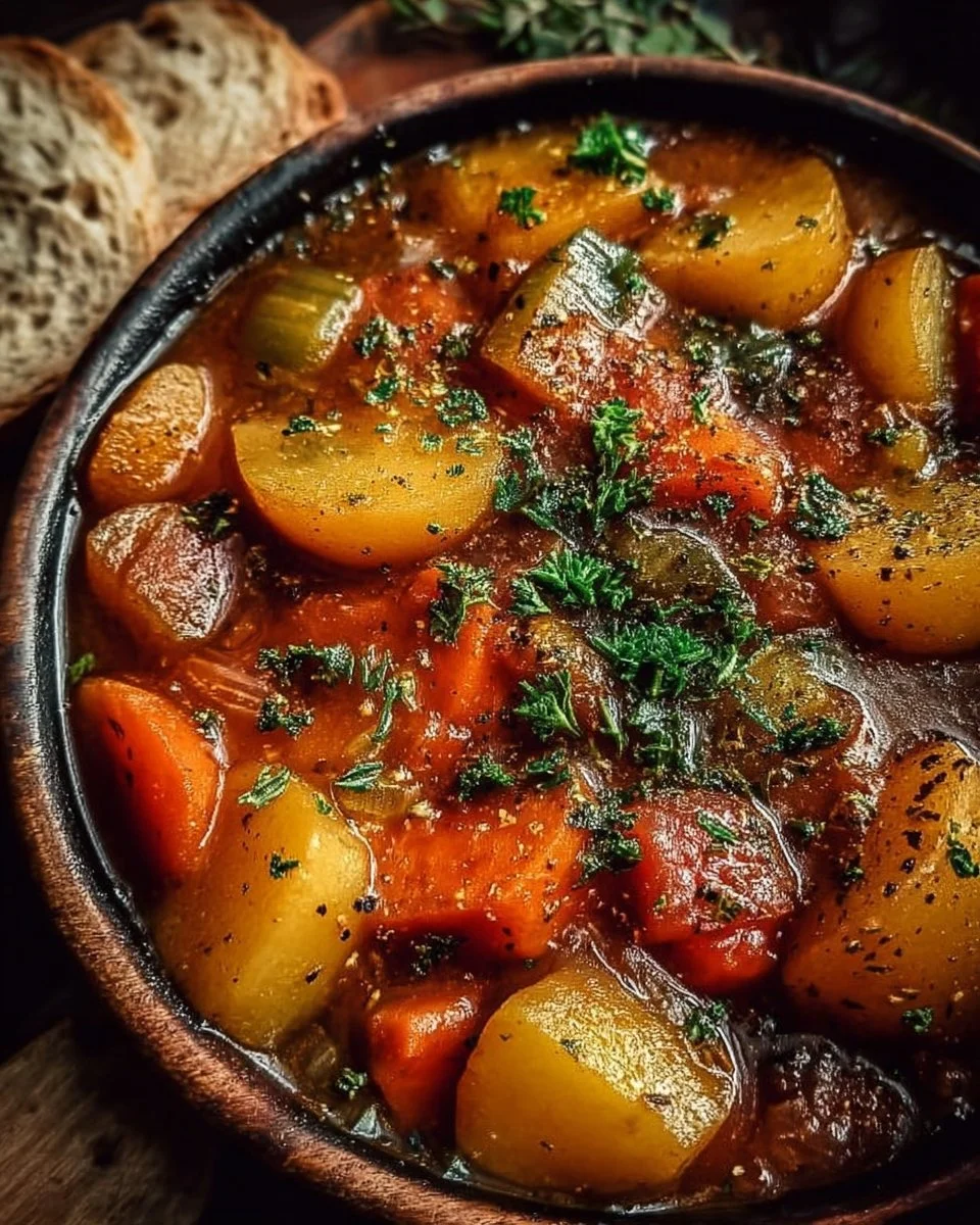 Bowl of Irish vegetarian stew with vegetables and herbs, a hearty meal