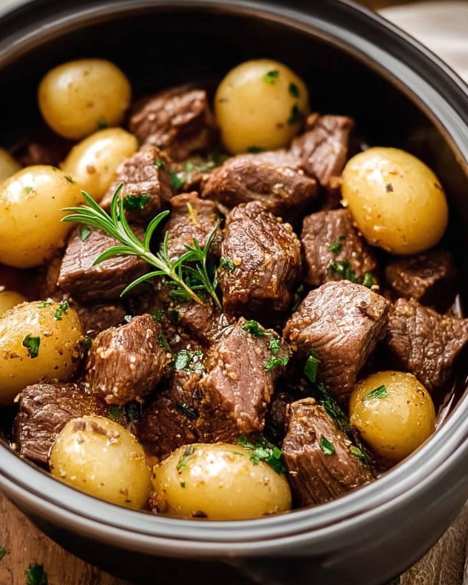 Crockpot Garlic Butter Beef Bites with Potatoes