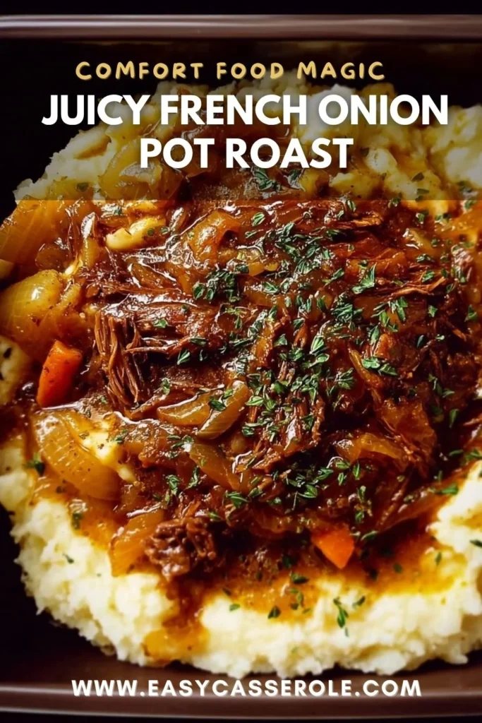 Delicious Juicy French Onion Pot Roast served on a plate with onions and herbs