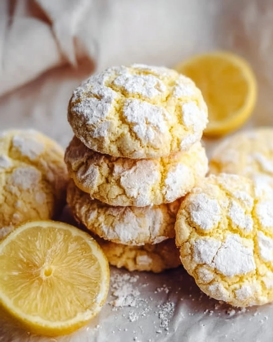 Freshly baked lemon crinkle cookies with powdered sugar coating