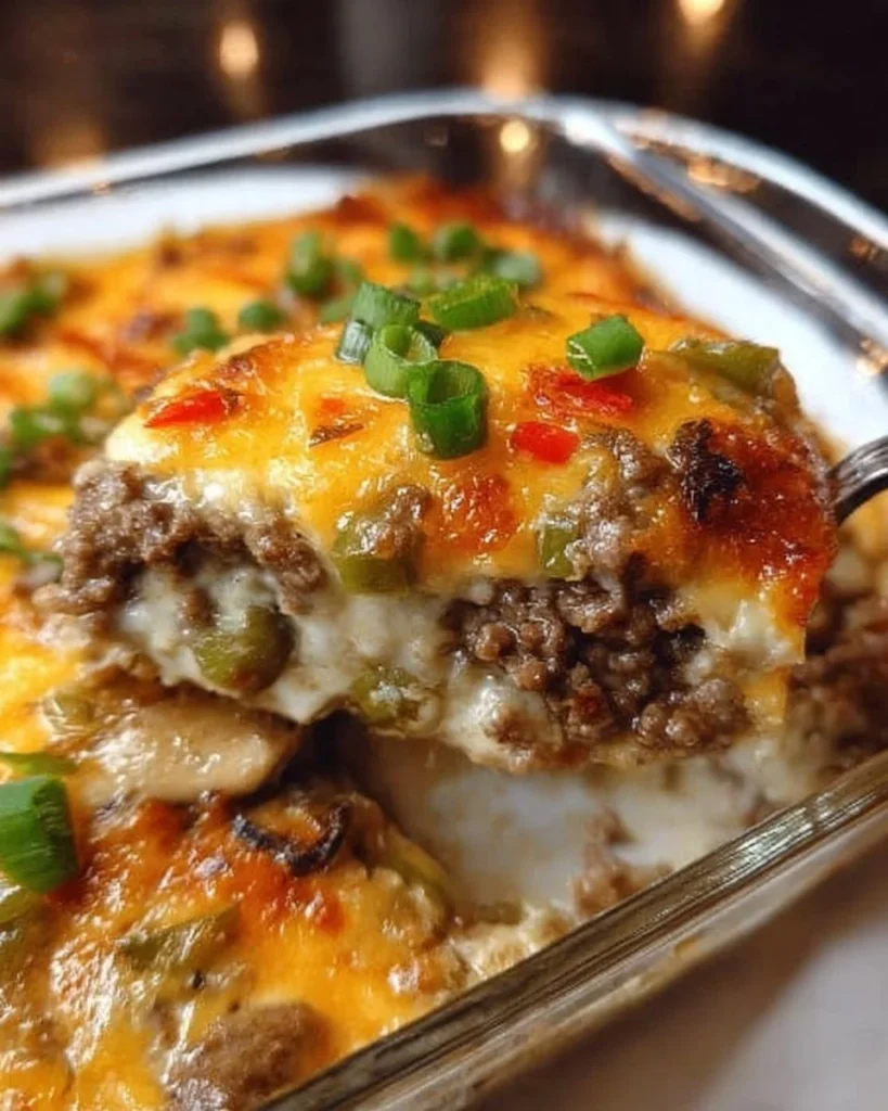 Low carb Philly cheesesteak casserole topped with cheese and peppers in a baking dish.