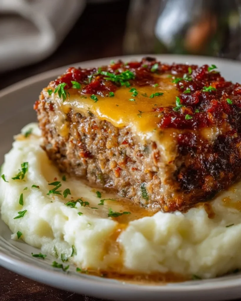 Delicious meatloaf served with creamy mashed potatoes and melted cheese.