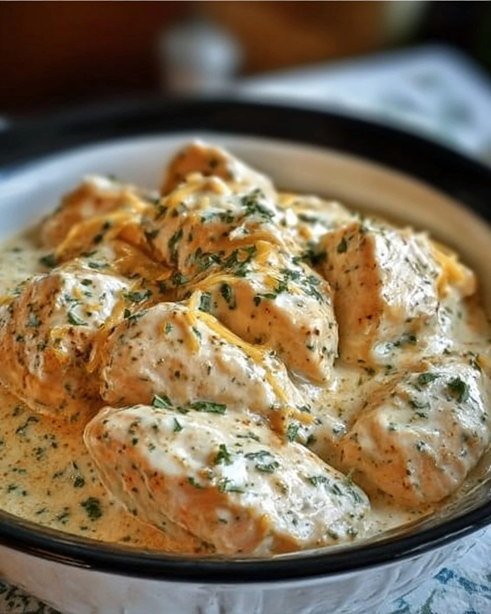 Creamy ranch chicken cooked in a CrockPot for a delicious meal