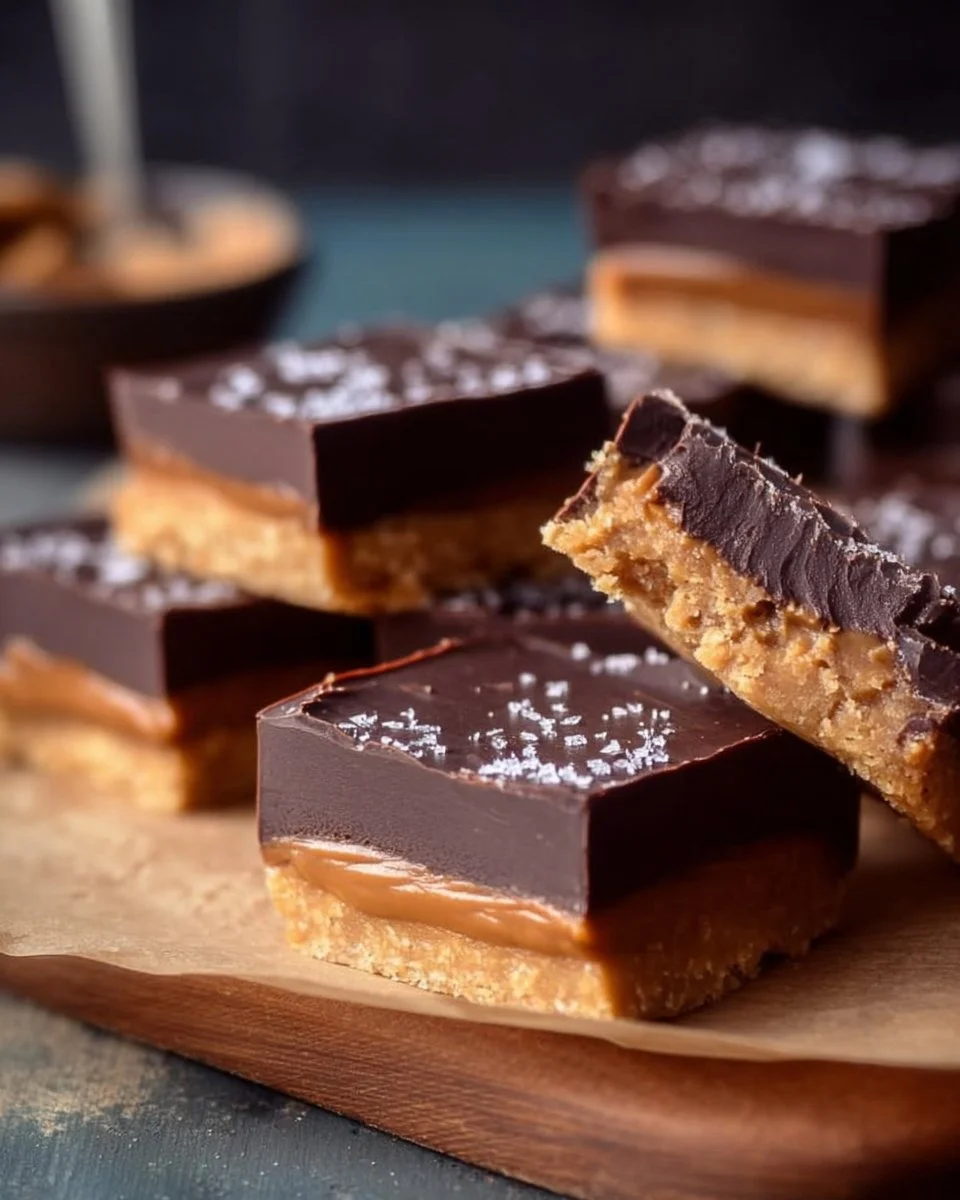 Delicious no-bake peanut butter cup bars stacked on a plate
