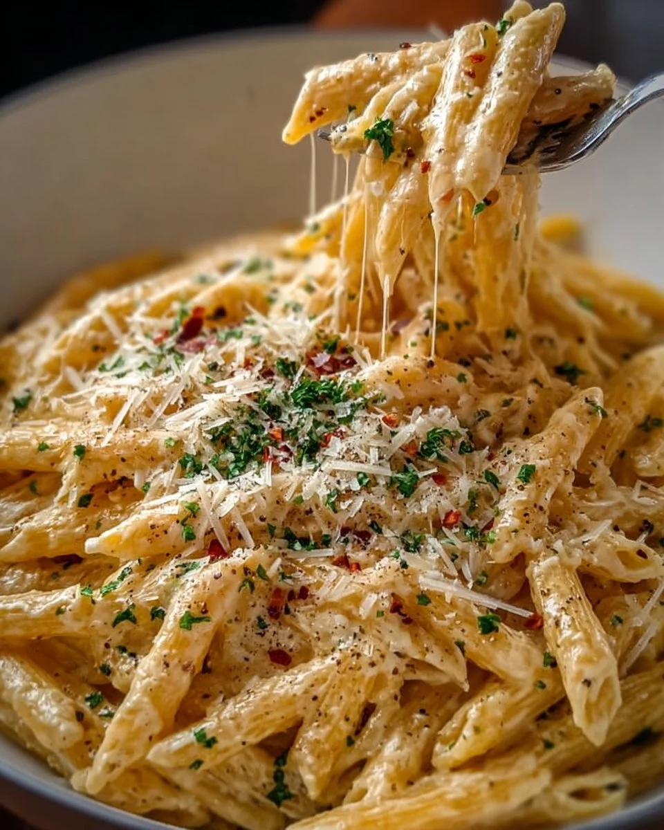 Delicious one pot creamy garlic pasta ready to serve with herbs on top.