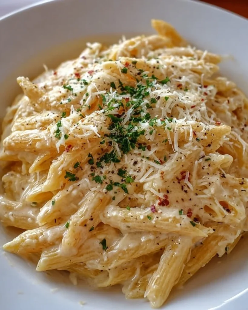 Delicious one pot creamy garlic pasta garnished with herbs