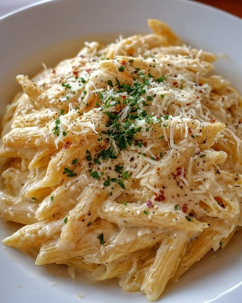 One Pot Creamy Garlic Pasta 1 Delicious one pot creamy garlic pasta garnished with herbs