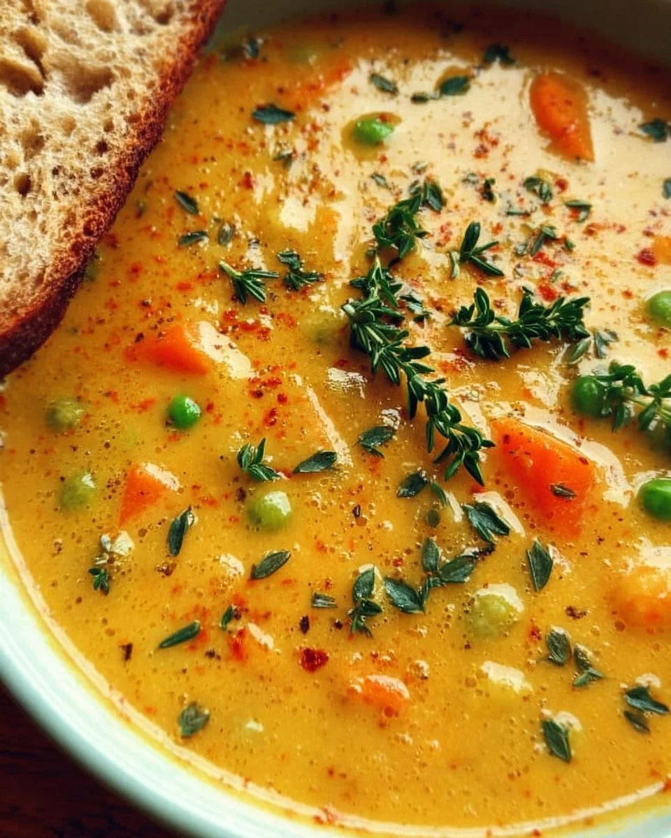 One-Pot Creamy Vegetable Soup 1 Bowl of one-pot creamy vegetable soup with fresh vegetables and herbs