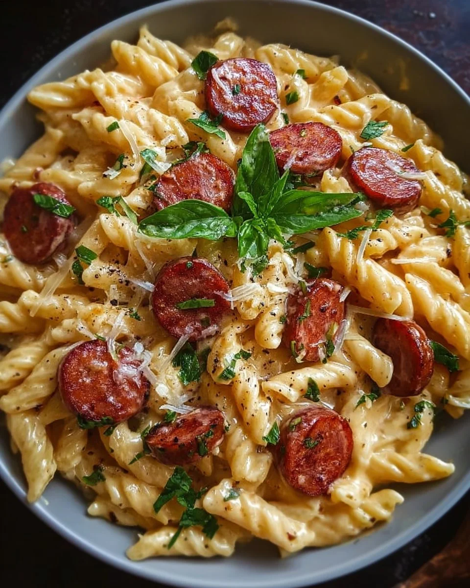 One Pot Kielbasa Pasta dish with vegetables and seasonings