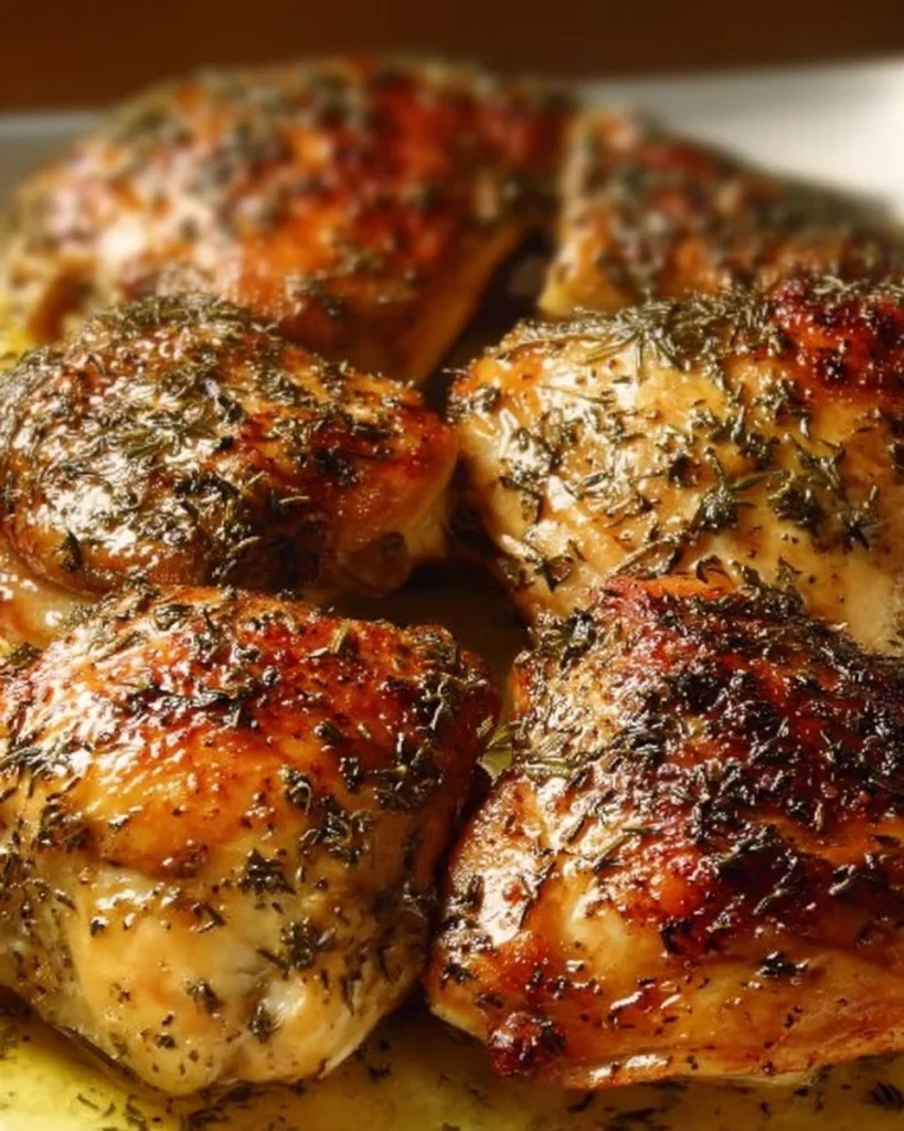 Oven-baked boneless chicken thighs garnished with herbs on a baking sheet