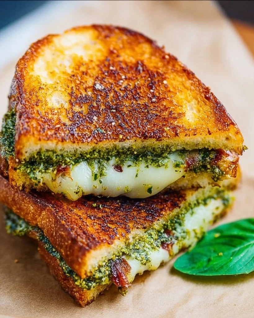 Pesto grilled cheese sandwich with fresh basil and melted cheese