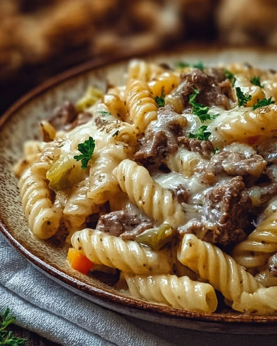 Philly Cheese Steak Pasta 1 Delicious Philly Cheese Steak Pasta topped with melted cheese and peppers.