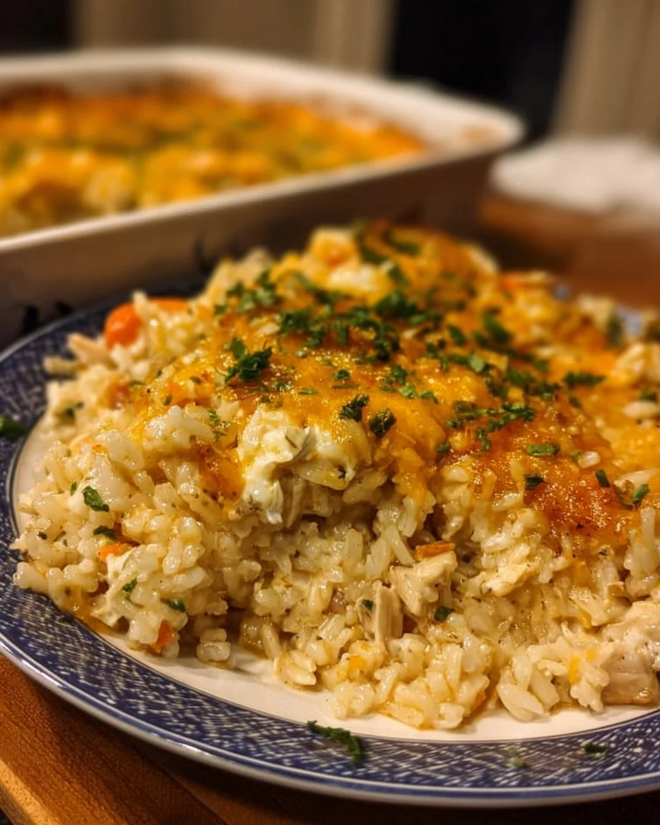 Delicious chicken rice casserole served in a bowl, easy 3-step recipe.