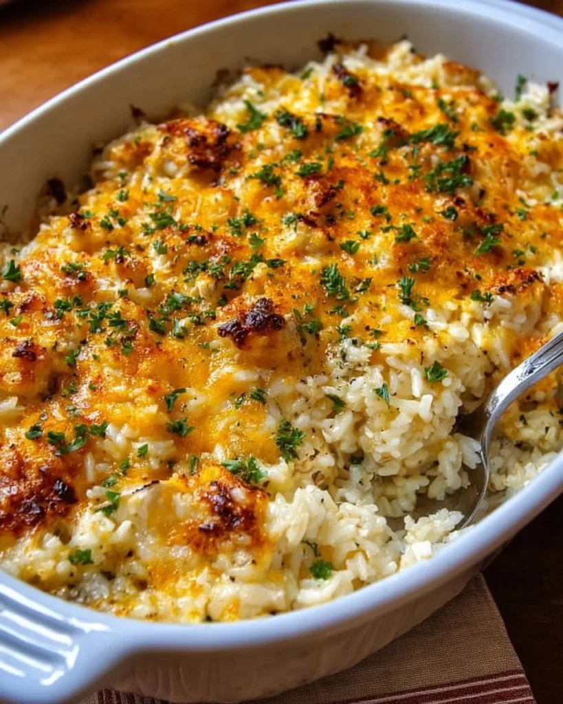 Pioneer Woman Chicken Rice Casserole served on a plate with fresh herbs.